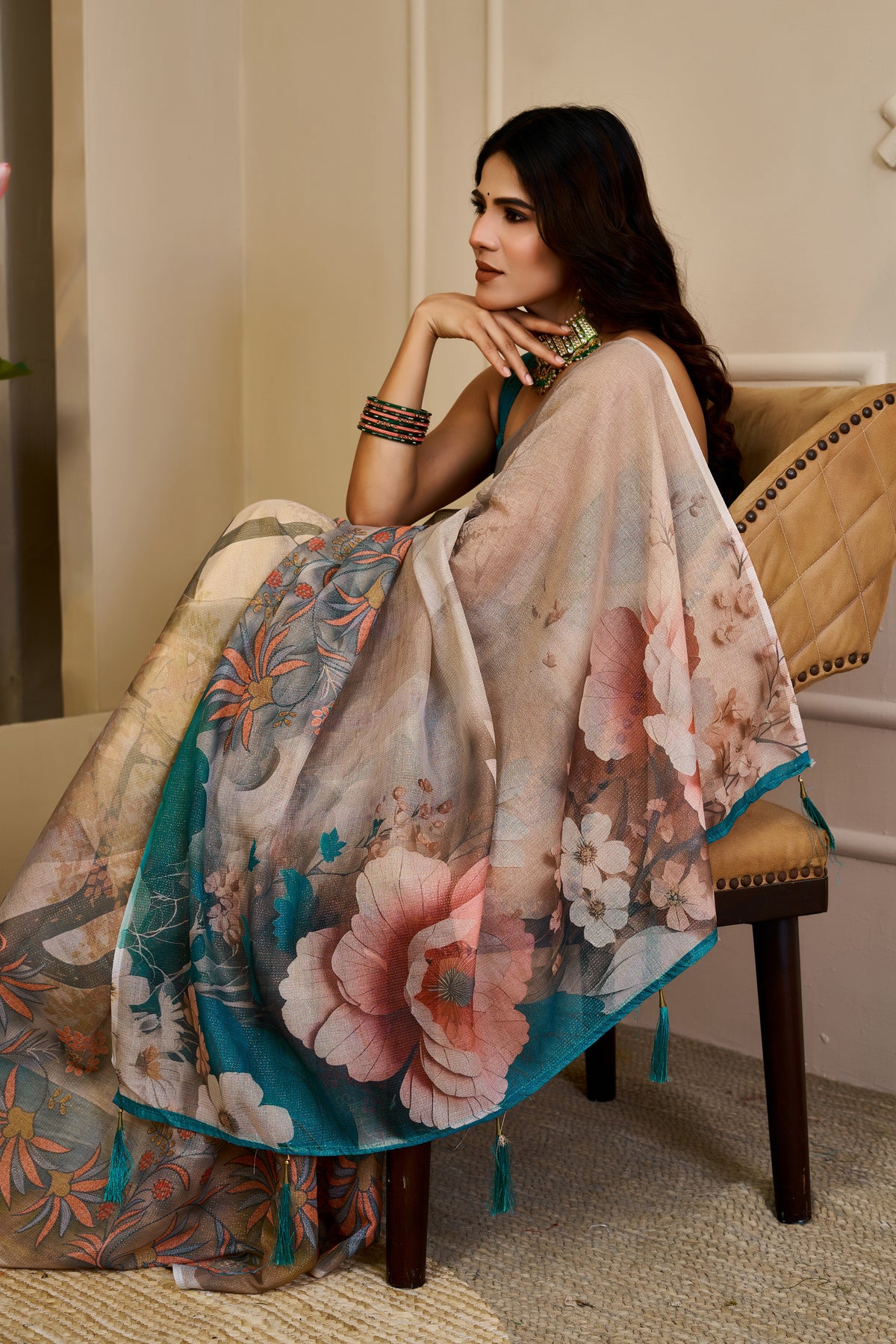 Cream Tissue Handloom Cotton Saree with Floral Zari Shimmer for Women