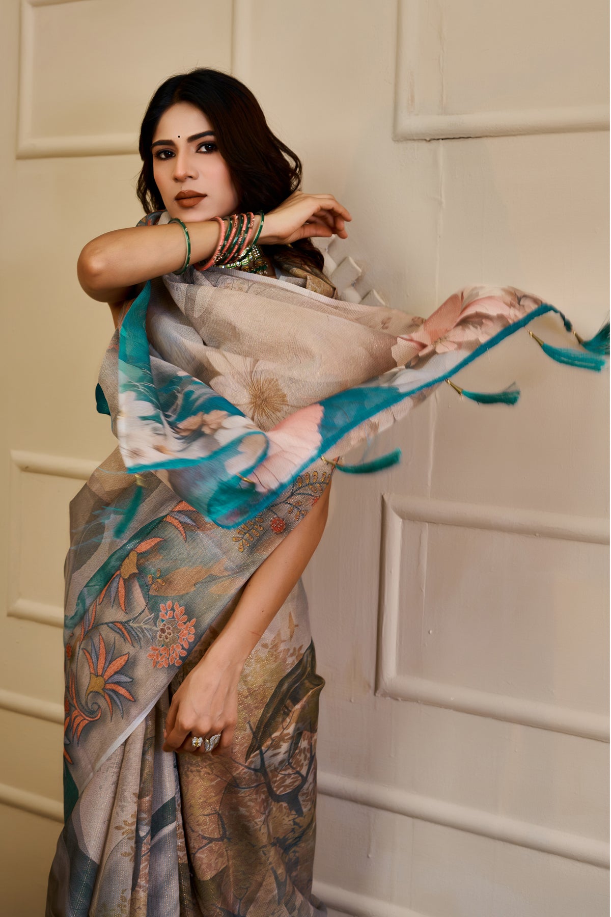 Cream Tissue Handloom Cotton Saree with Floral Zari Shimmer for Women