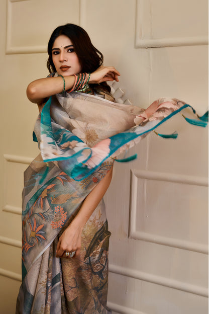 Cream Tissue Handloom Cotton Saree with Floral Zari Shimmer for Women