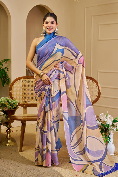 Cream Blue Floral Tissue Cotton Handloom Saree with Zari Shimmer