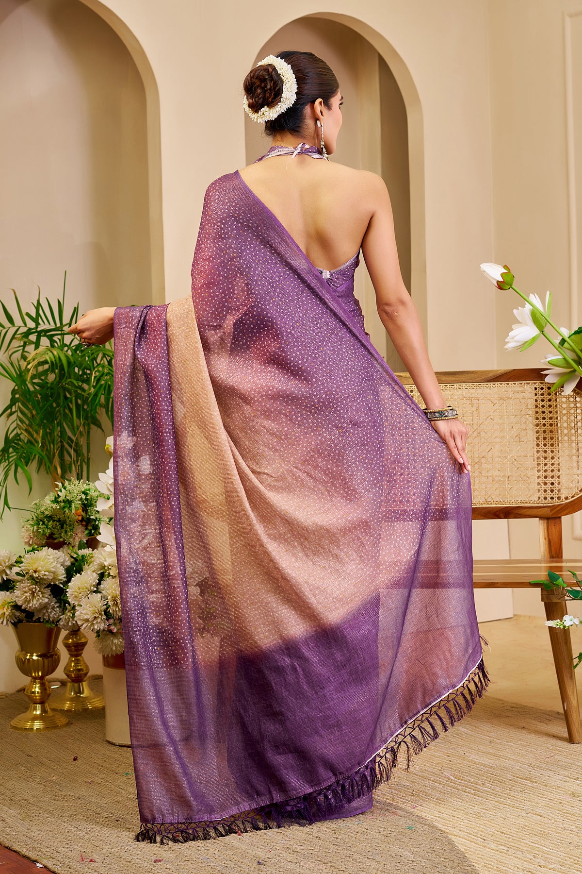 Purple Peach Tissue Handloom Cotton Saree with Zari Work for Women