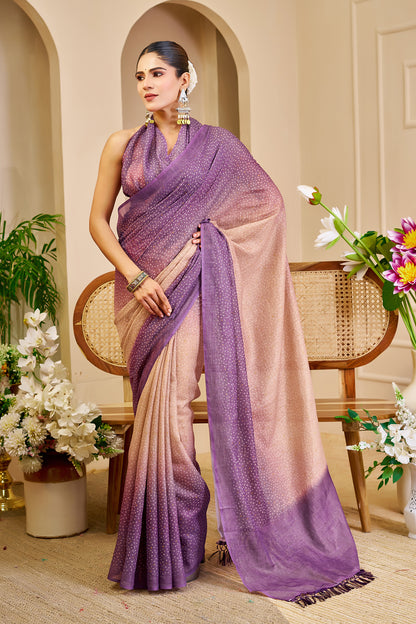 Purple Peach Tissue Handloom Cotton Saree with Zari Work for Women