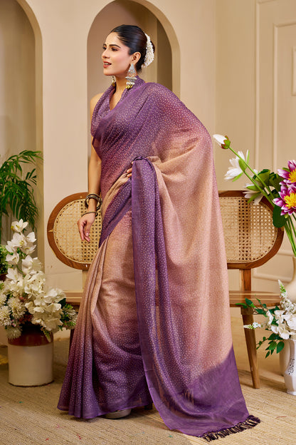 Purple Peach Tissue Handloom Cotton Saree with Zari Work for Women