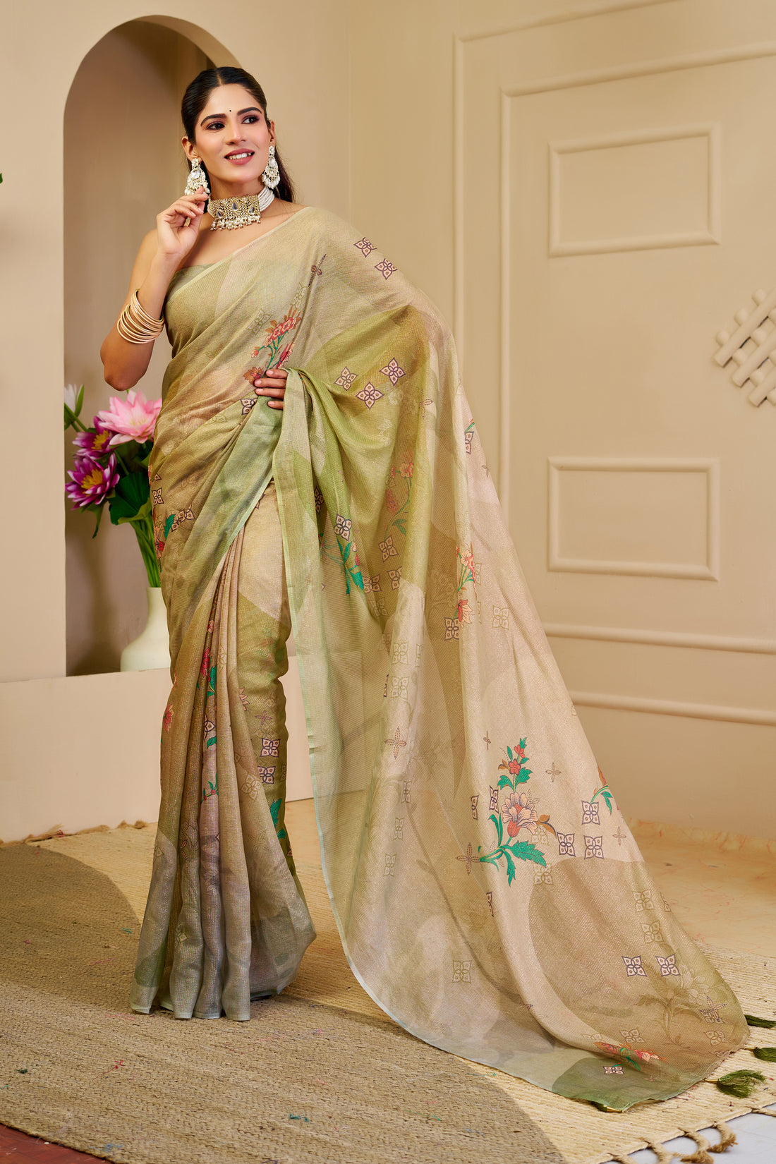 Cream Green Tissue Handloom Cotton Saree with Floral Print for Women