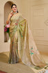 Cream Green Tissue Handloom Cotton Saree with Floral Print for Women