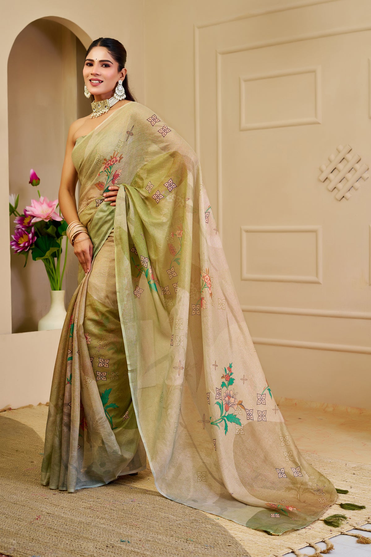 Cream Green Tissue Handloom Cotton Saree with Floral Print for Women