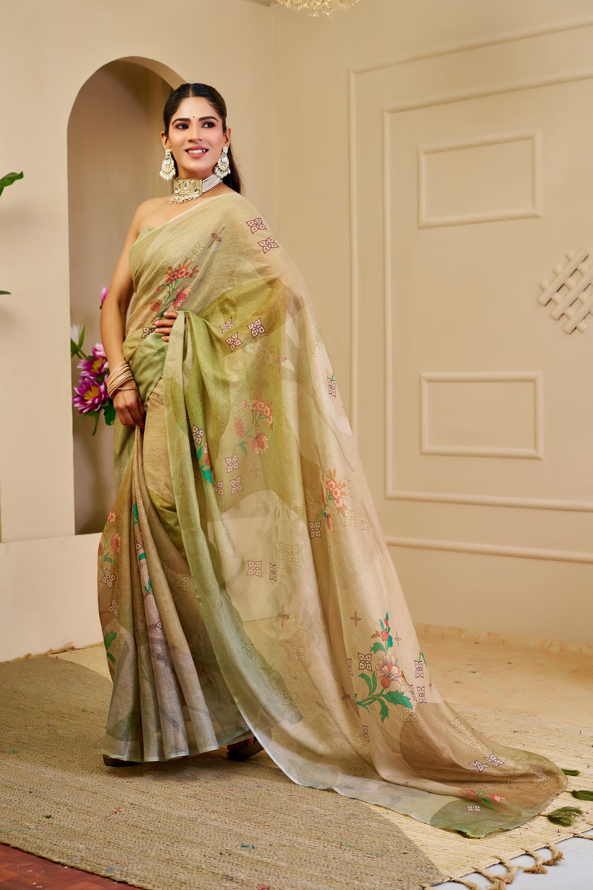 Cream Green Tissue Handloom Cotton Saree with Floral Print for Women