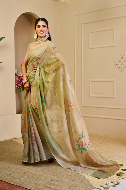 Cream Green Tissue Handloom Cotton Saree with Floral Print for Women