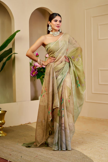 Cream Green Tissue Handloom Cotton Saree with Floral Print for Women
