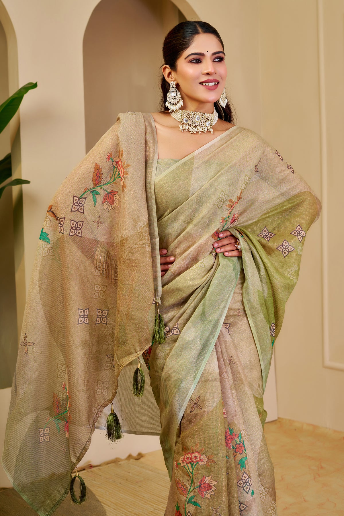 Cream Green Tissue Handloom Cotton Saree with Floral Print for Women