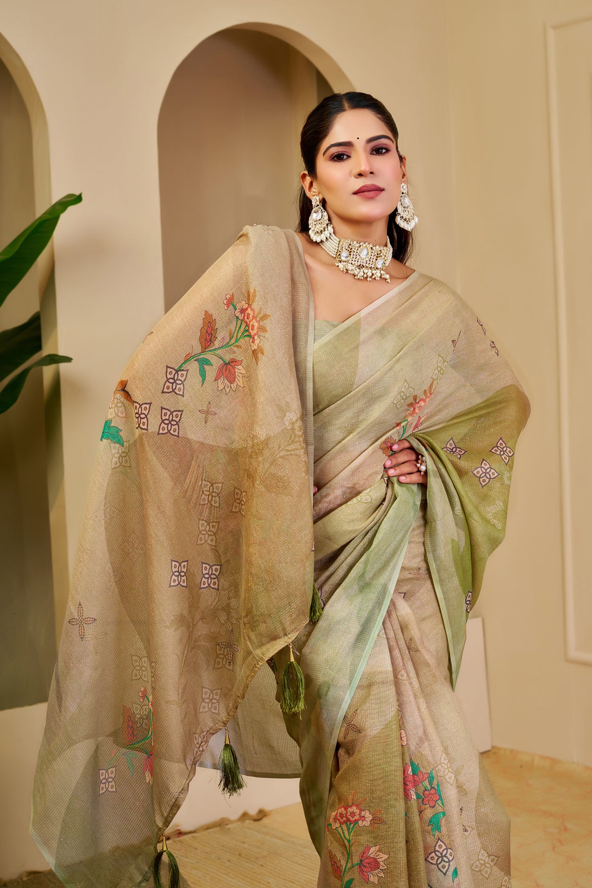 Cream Green Tissue Handloom Cotton Saree with Floral Print for Women