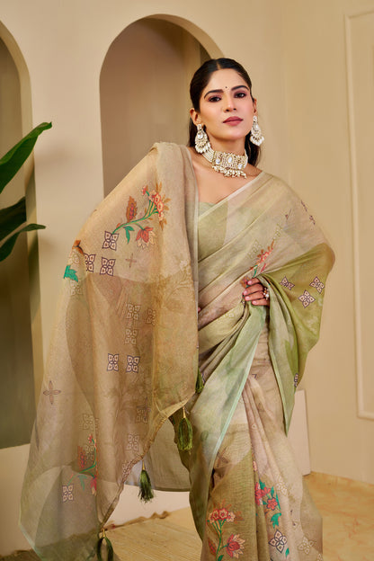 Cream Green Tissue Handloom Cotton Saree with Floral Print for Women