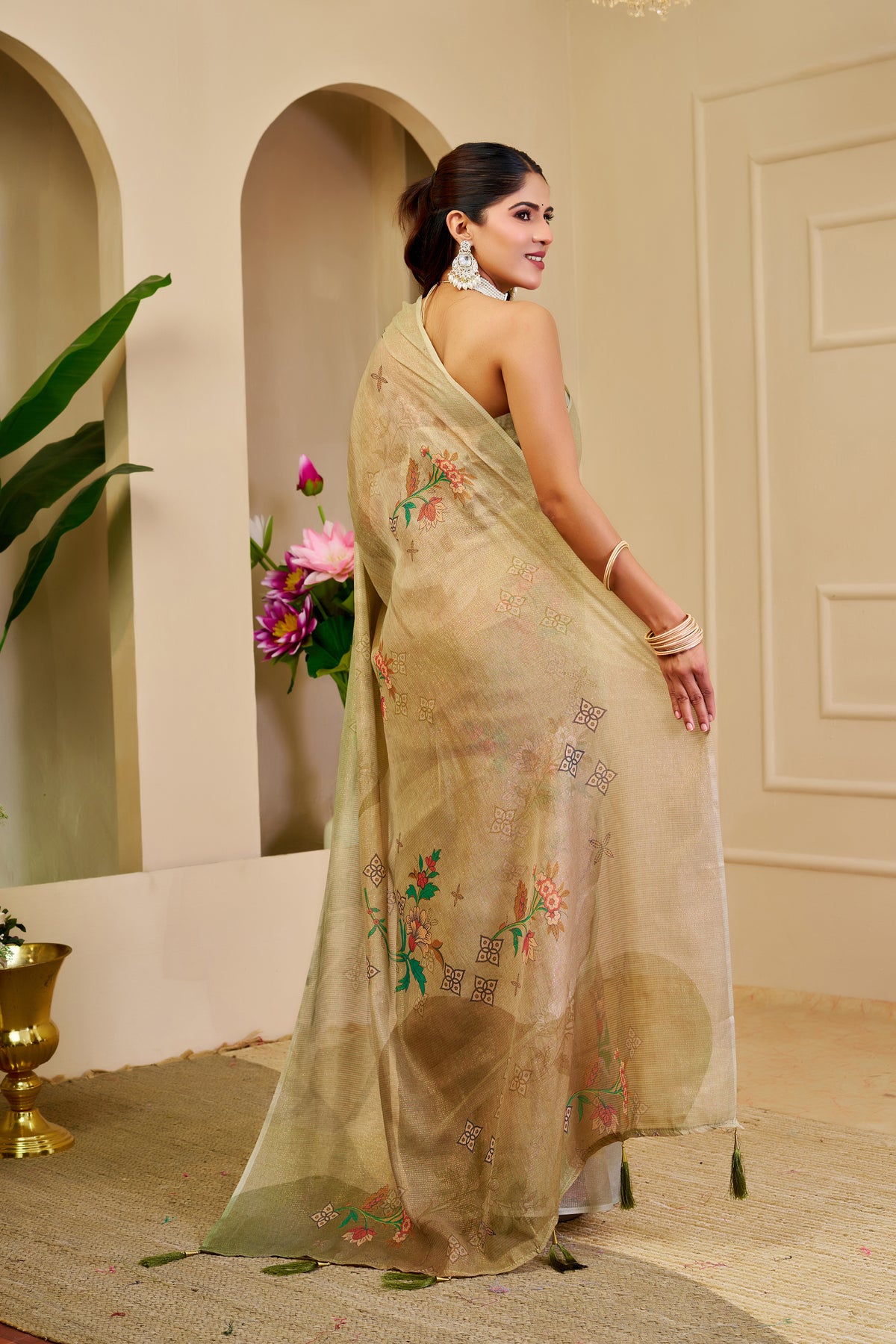 Cream Green Tissue Handloom Cotton Saree with Floral Print for Women