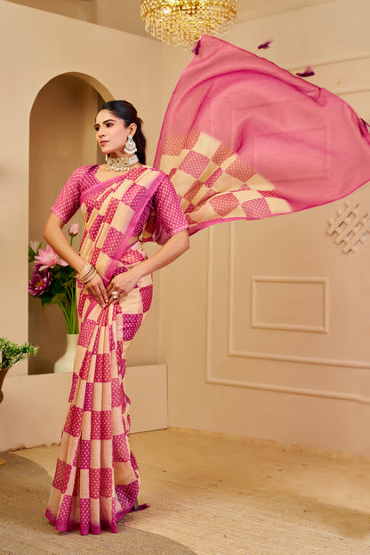Cream Pink Tissue Handloom Cotton Saree with Zari for Women