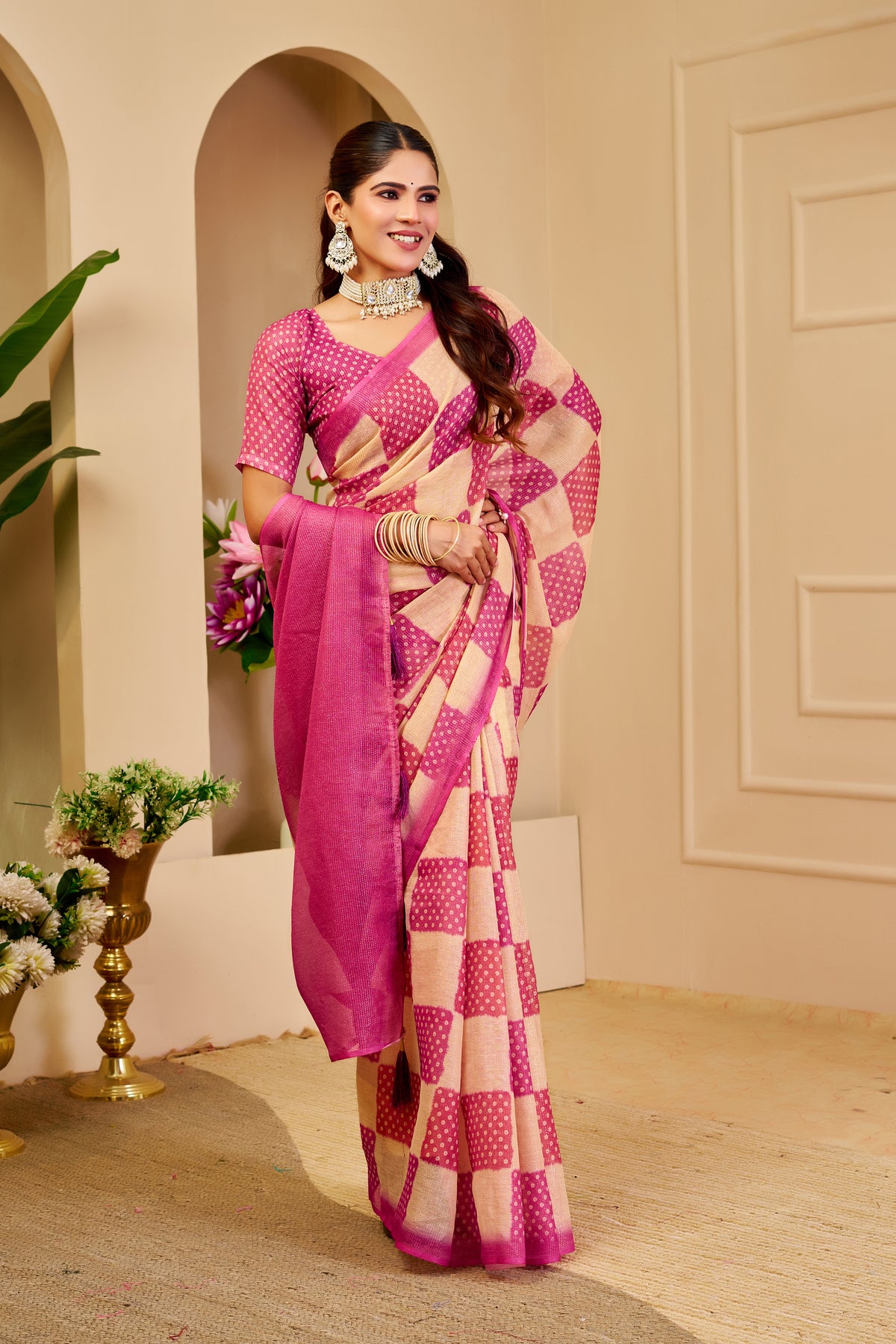 Cream Pink Tissue Handloom Cotton Saree with Zari for Women