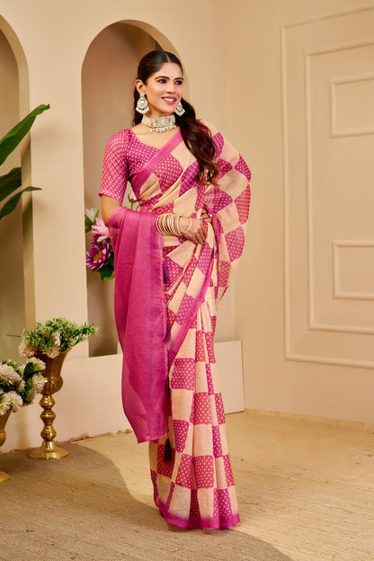 Cream Pink Tissue Handloom Cotton Saree with Zari for Women