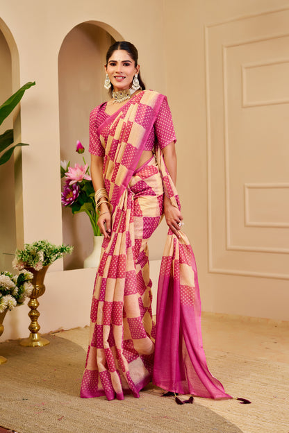 Cream Pink Tissue Handloom Cotton Saree with Zari for Women
