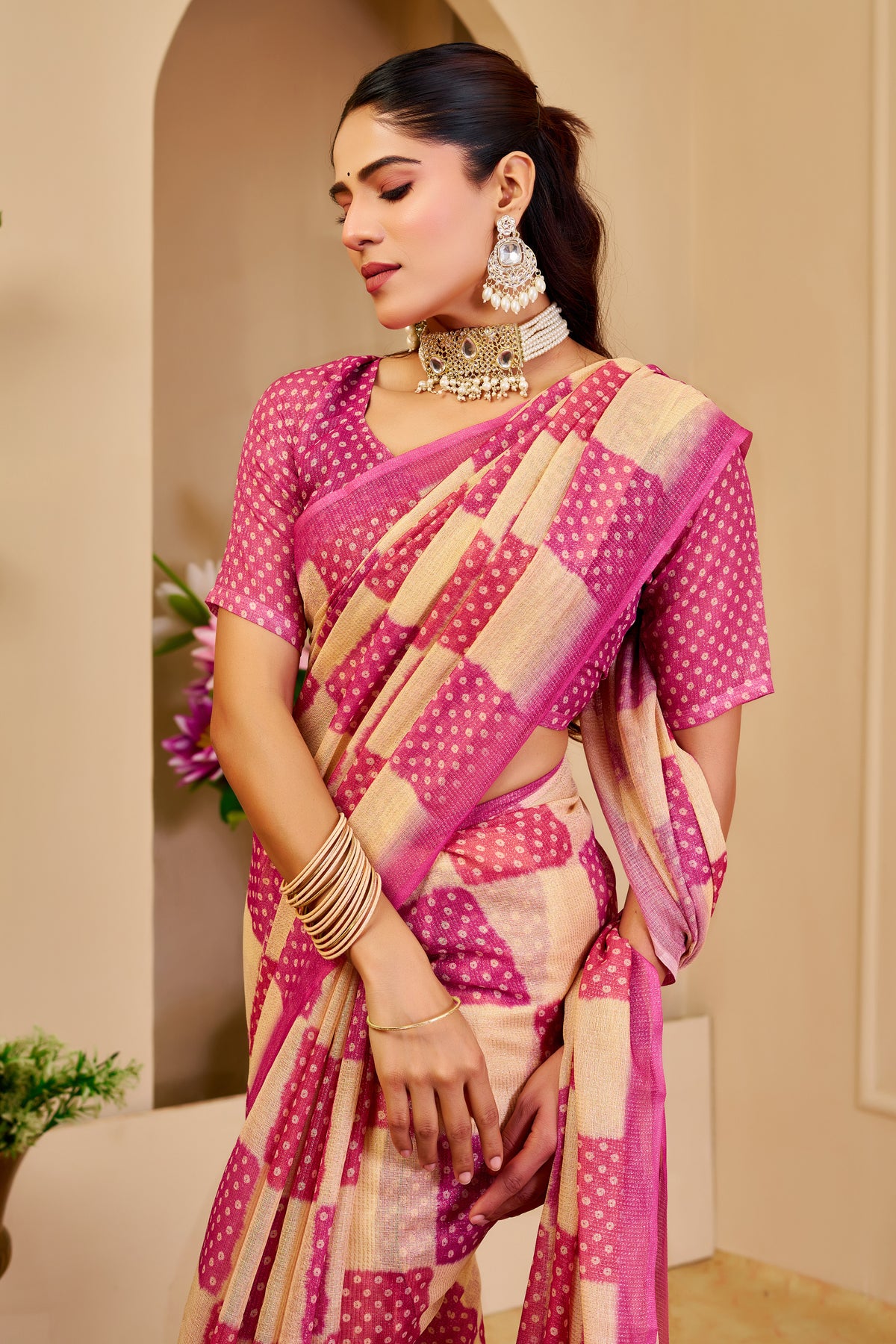 Cream Pink Tissue Handloom Cotton Saree with Zari for Women