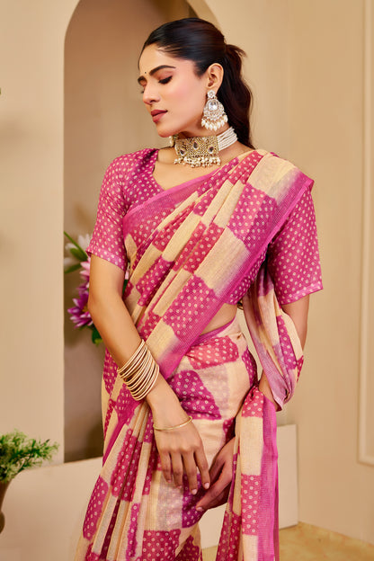 Cream Pink Tissue Handloom Cotton Saree with Zari for Women