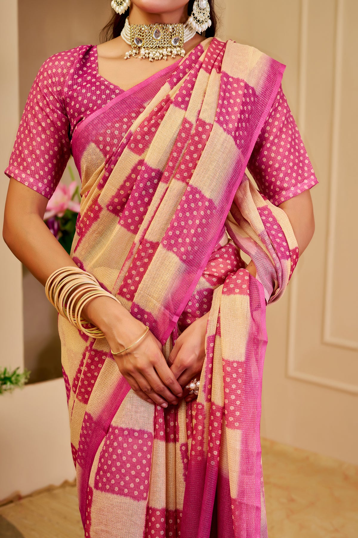 Cream Pink Tissue Handloom Cotton Saree with Zari for Women