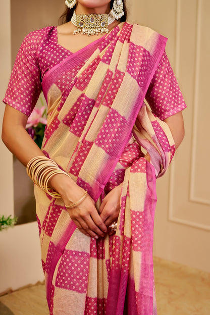 Cream Pink Tissue Handloom Cotton Saree with Zari for Women