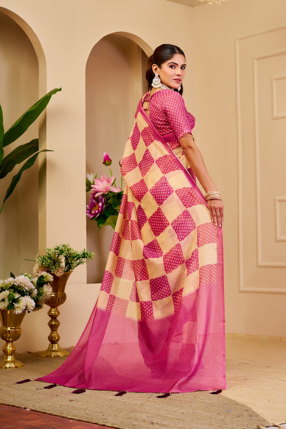 Cream Pink Tissue Handloom Cotton Saree with Zari for Women