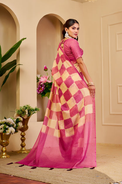 Cream Pink Tissue Handloom Cotton Saree with Zari for Women