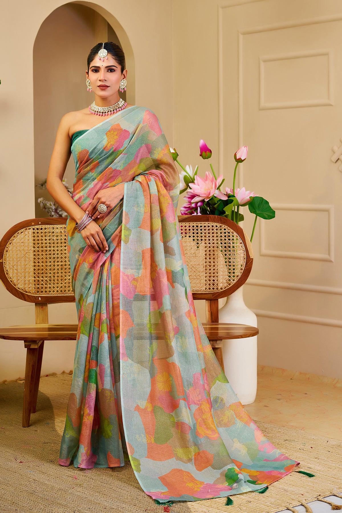 Pastel Floral Tissue Handloom Cotton Saree with Zari Weaves for Women