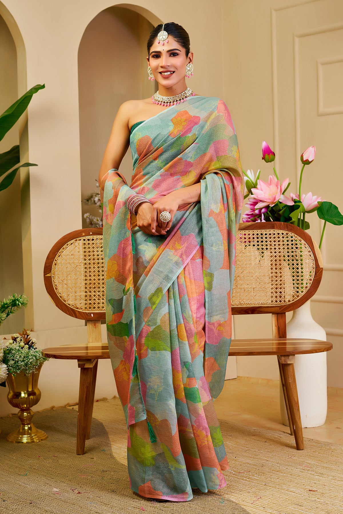 Pastel Floral Tissue Handloom Cotton Saree with Zari Weaves for Women