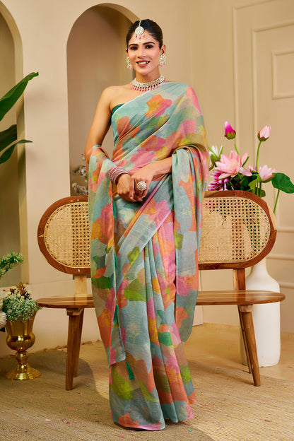 Pastel Floral Tissue Handloom Cotton Saree with Zari Weaves for Women
