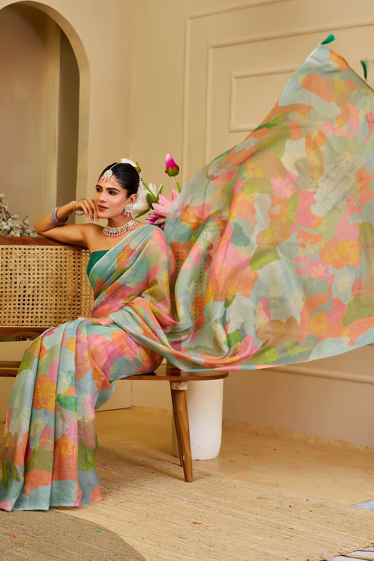 Pastel Floral Tissue Handloom Cotton Saree with Zari Weaves for Women