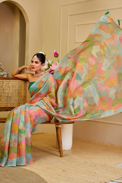 Pastel Floral Tissue Handloom Cotton Saree with Zari Weaves for Women