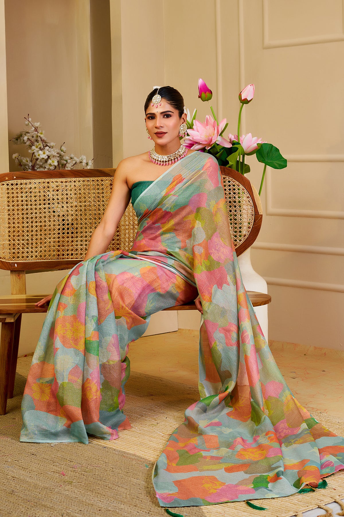 Pastel Floral Tissue Handloom Cotton Saree with Zari Weaves for Women