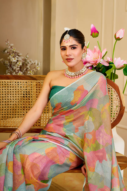 Pastel Floral Tissue Handloom Cotton Saree with Zari Weaves for Women