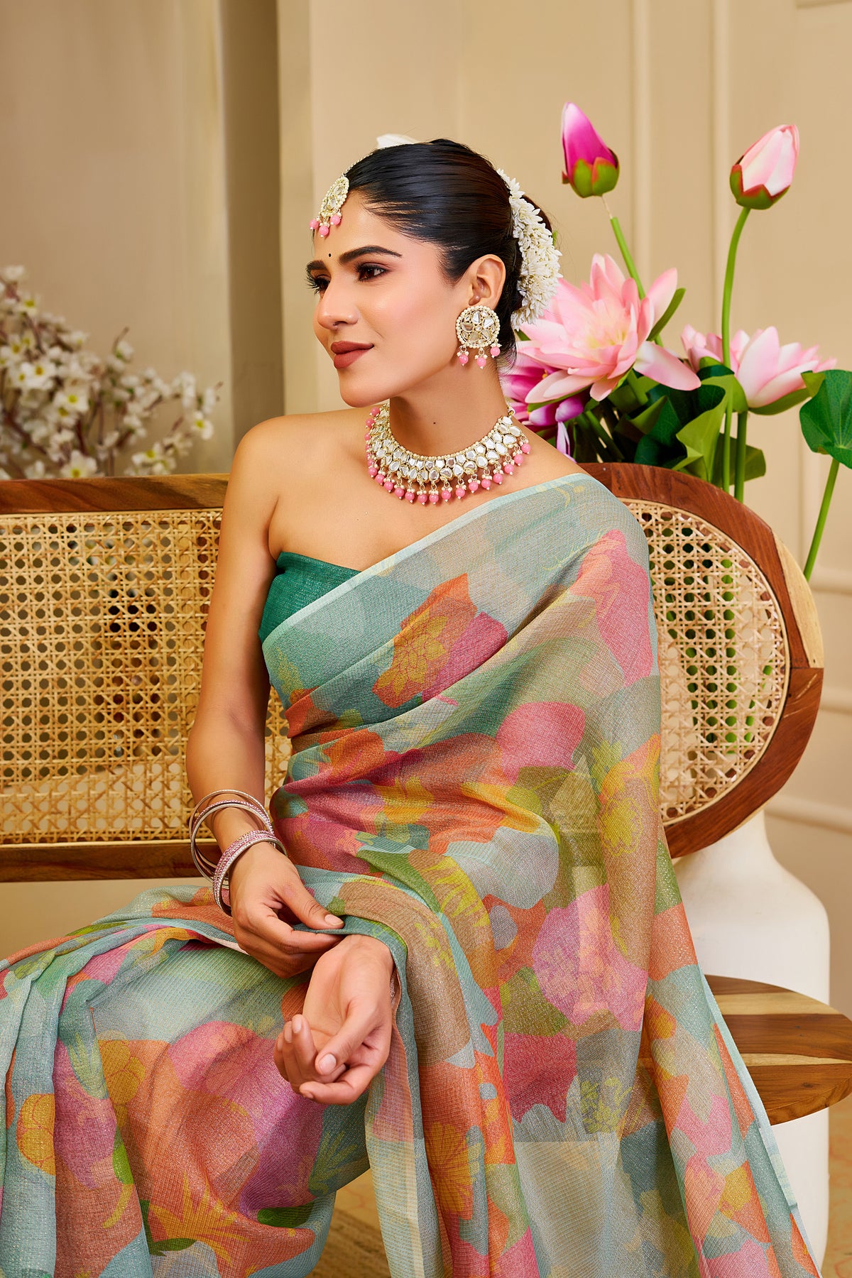 Pastel Floral Tissue Handloom Cotton Saree with Zari Weaves for Women