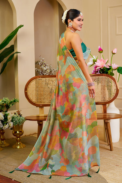 Pastel Floral Tissue Handloom Cotton Saree with Zari Weaves for Women