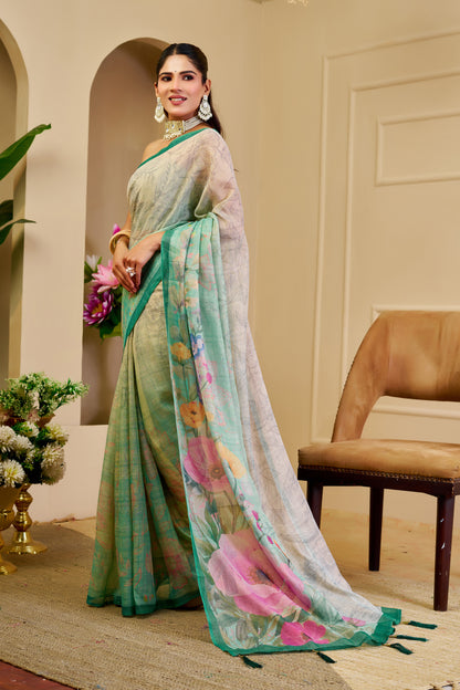 Cream Green Tissue Handloom Cotton Saree with Zari Details for Women