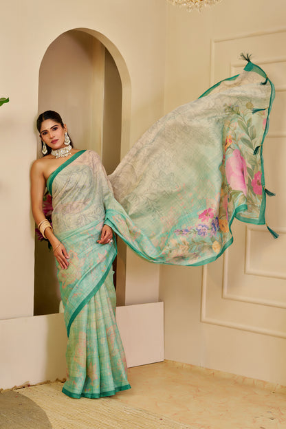 Cream Green Tissue Handloom Cotton Saree with Zari Details for Women