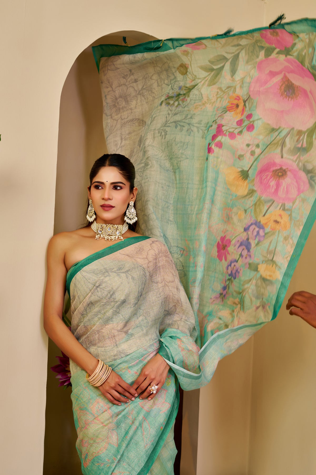 Cream Green Tissue Handloom Cotton Saree with Zari Details for Women