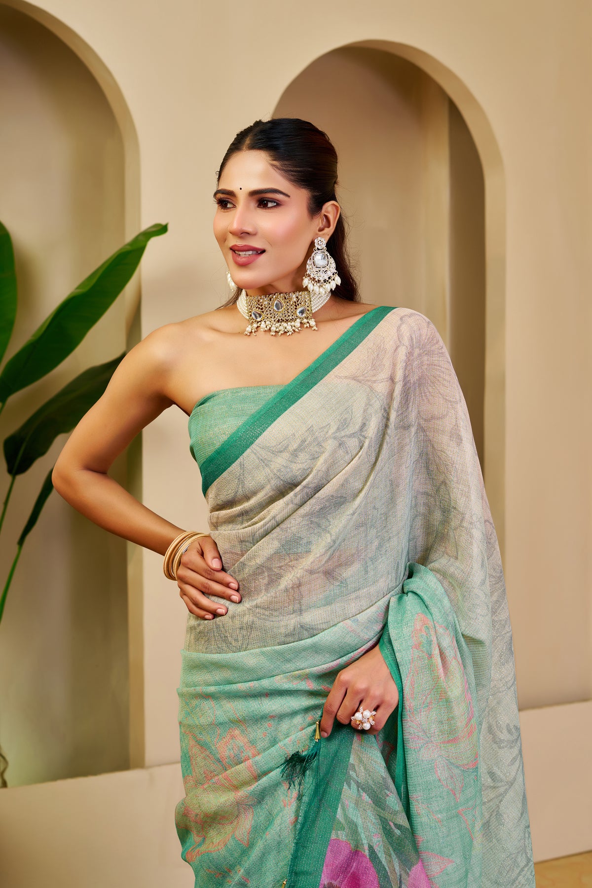 Cream Green Tissue Handloom Cotton Saree with Zari Details for Women
