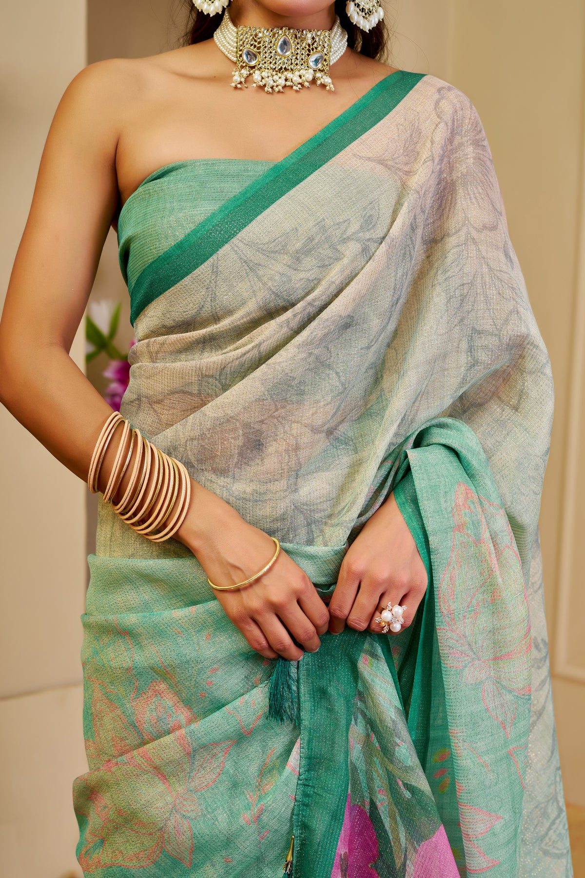 Cream Green Tissue Handloom Cotton Saree with Zari Details for Women
