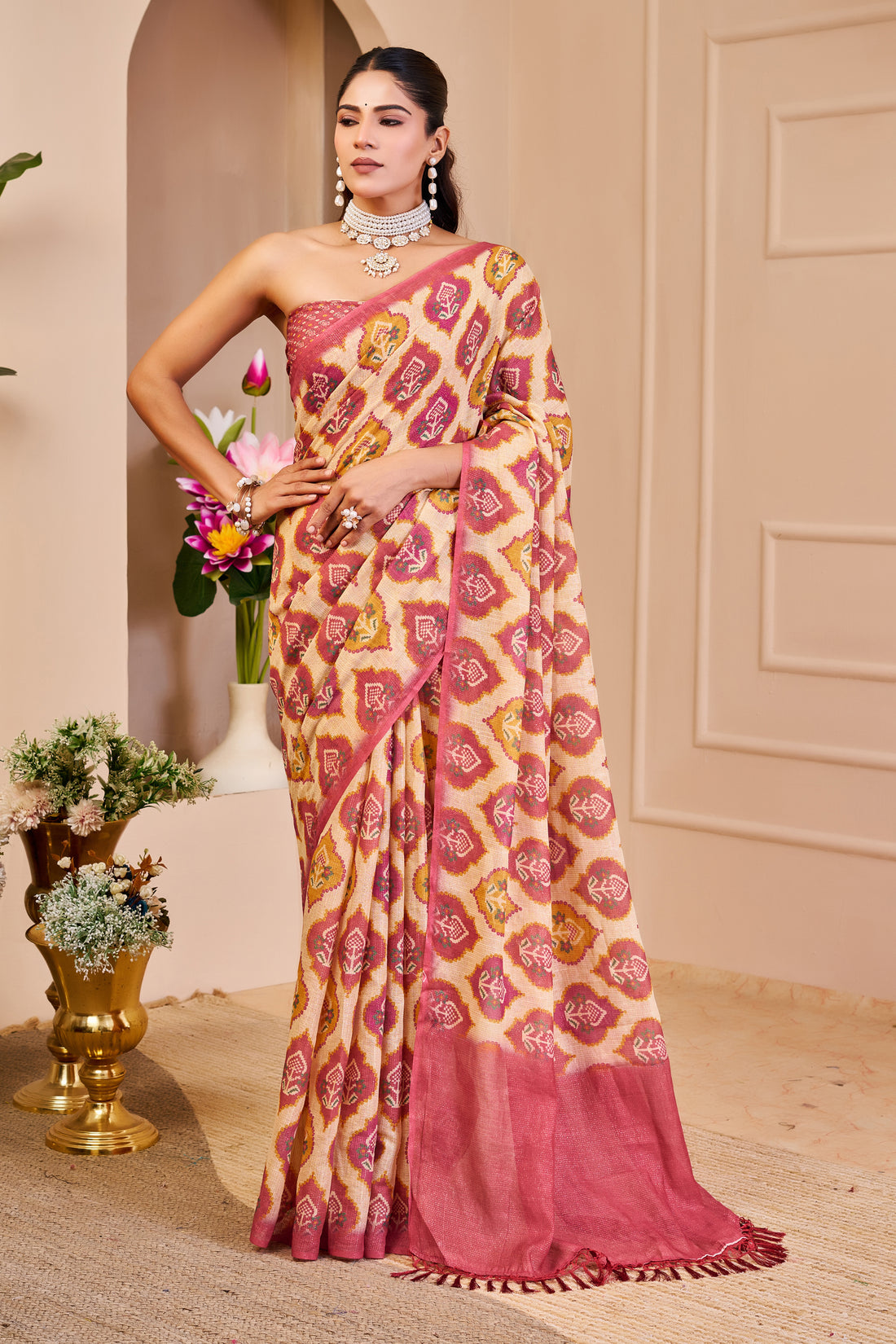 Cream Pink Tissue Handloom Cotton Saree With Zari Weave for Women
