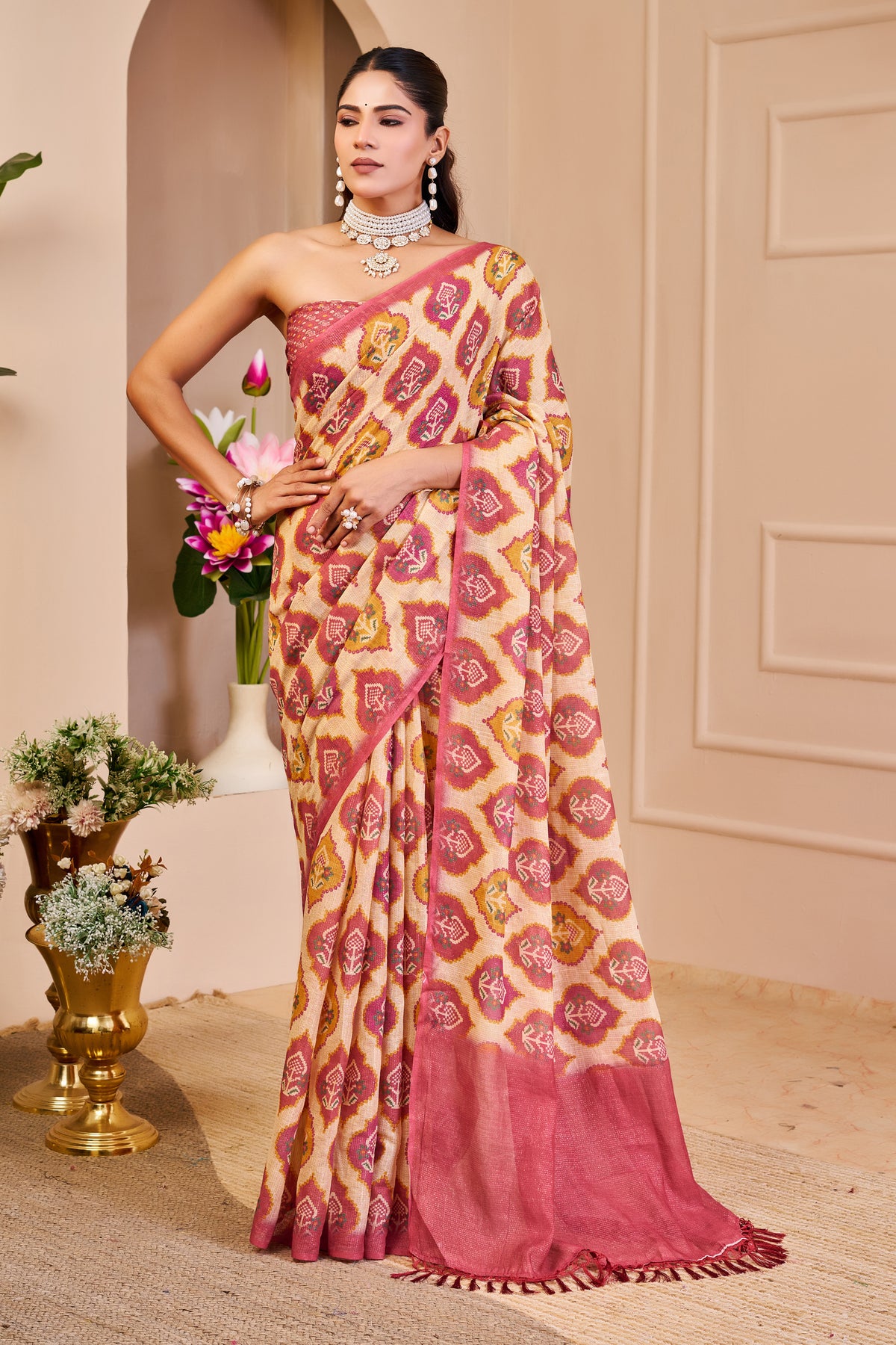 Cream Pink Tissue Handloom Cotton Saree With Zari Weave for Women