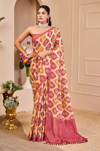 Cream Pink Tissue Handloom Cotton Saree With Zari Weave for Women