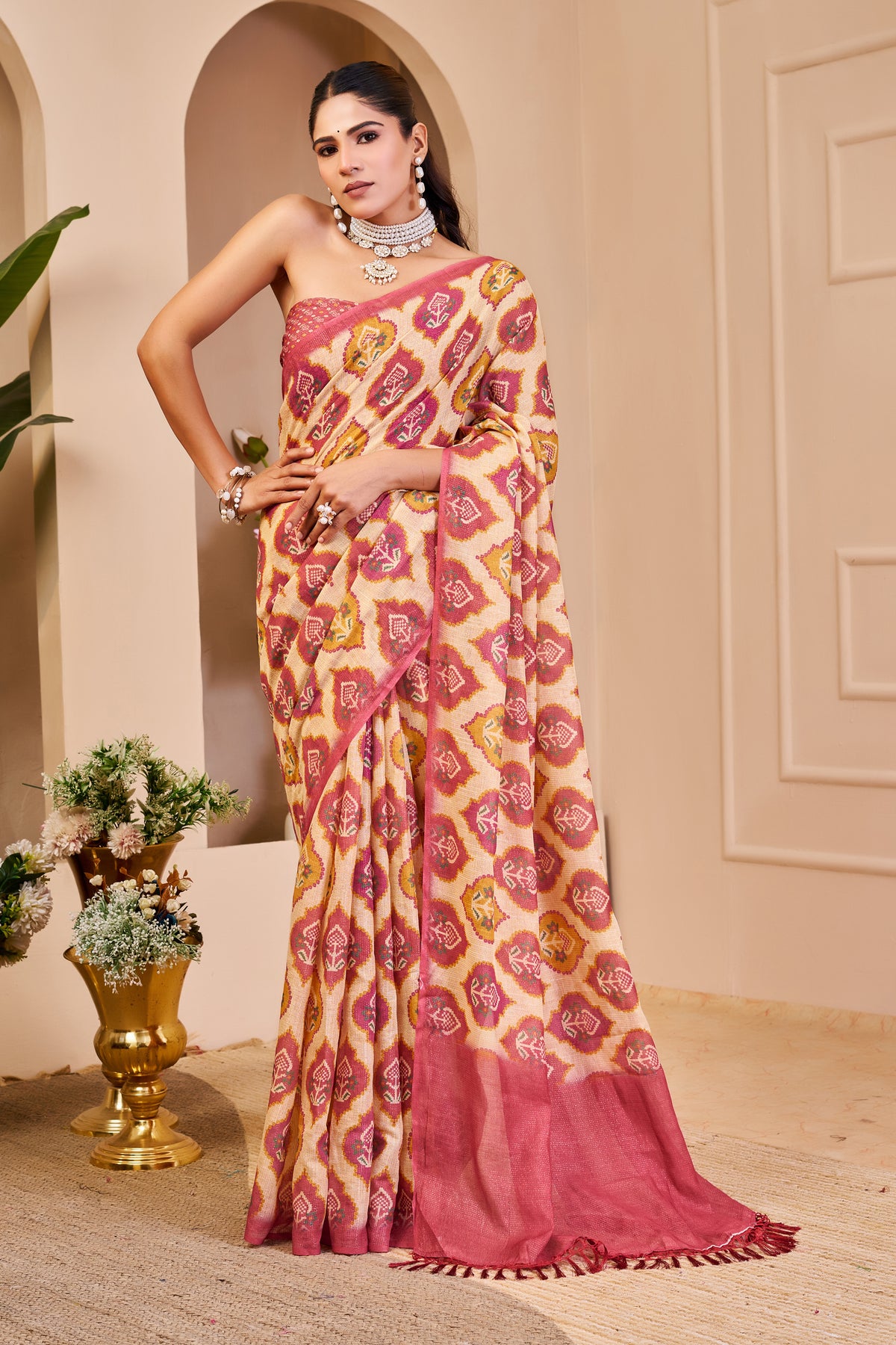 Cream Pink Tissue Handloom Cotton Saree With Zari Weave for Women