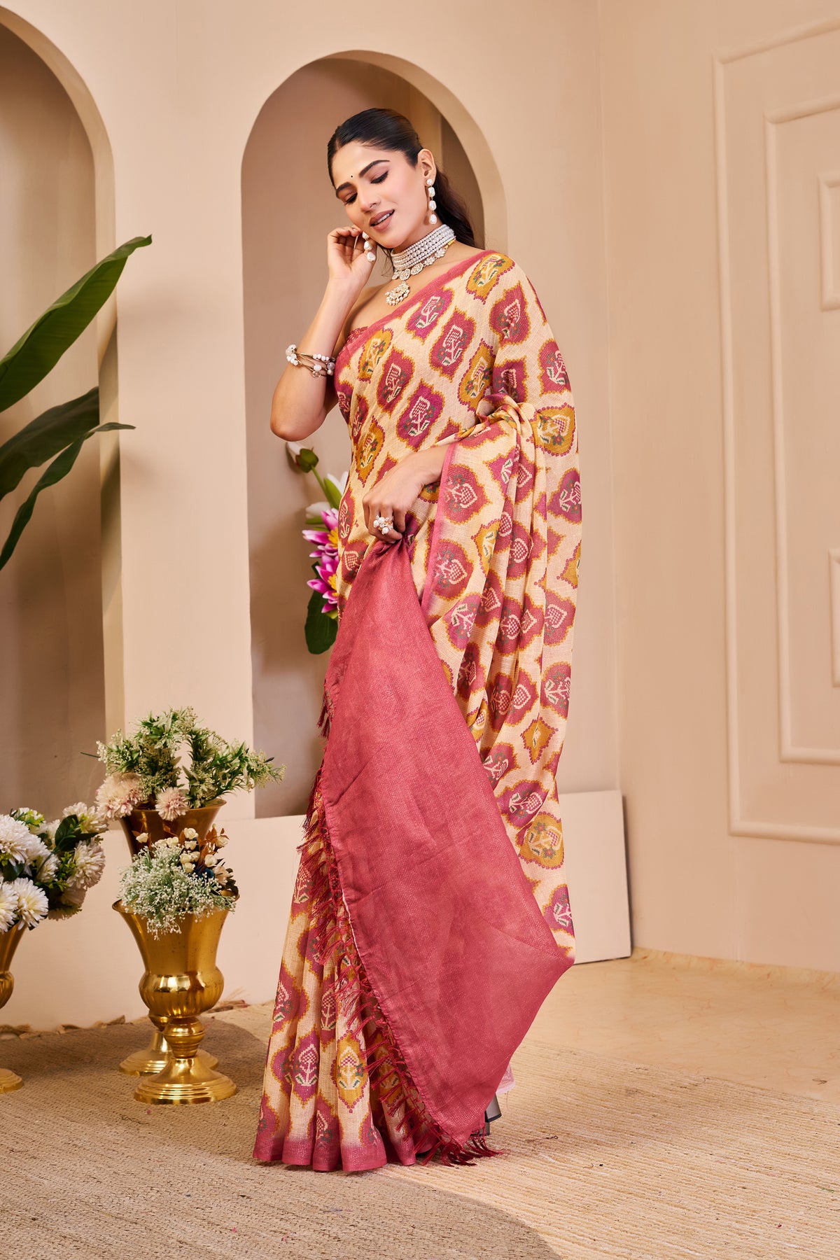 Cream Pink Tissue Handloom Cotton Saree With Zari Weave for Women