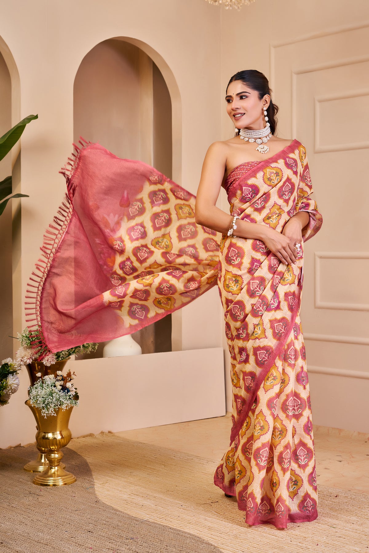 Cream Pink Tissue Handloom Cotton Saree With Zari Weave for Women