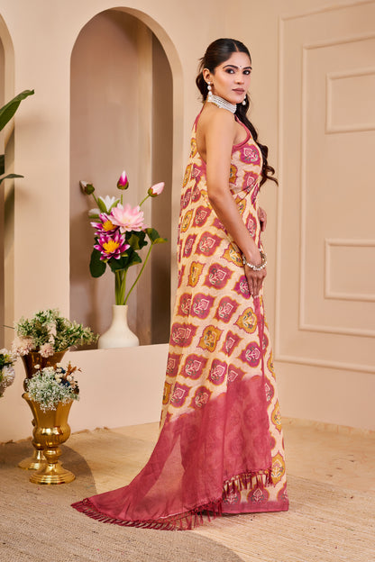 Cream Pink Tissue Handloom Cotton Saree With Zari Weave for Women