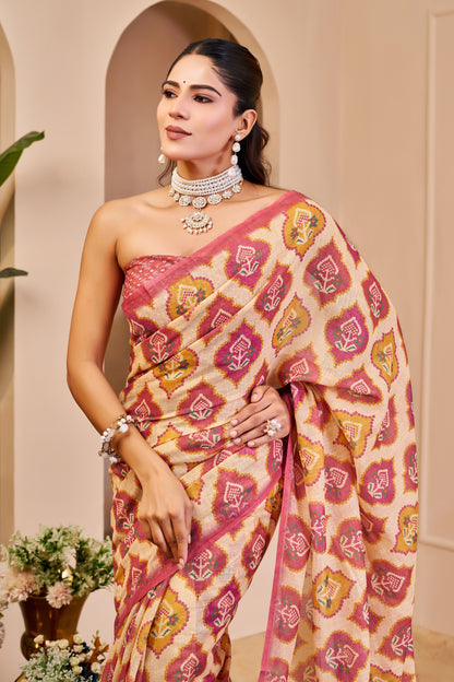 Cream Pink Tissue Handloom Cotton Saree With Zari Weave for Women