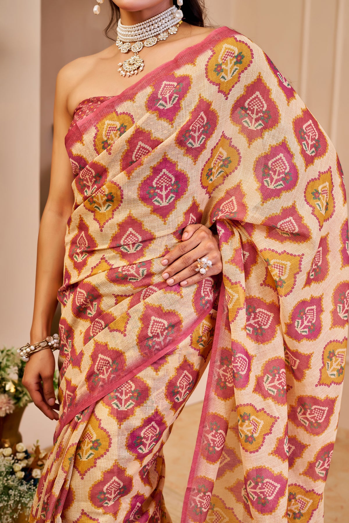 Cream Pink Tissue Handloom Cotton Saree With Zari Weave for Women